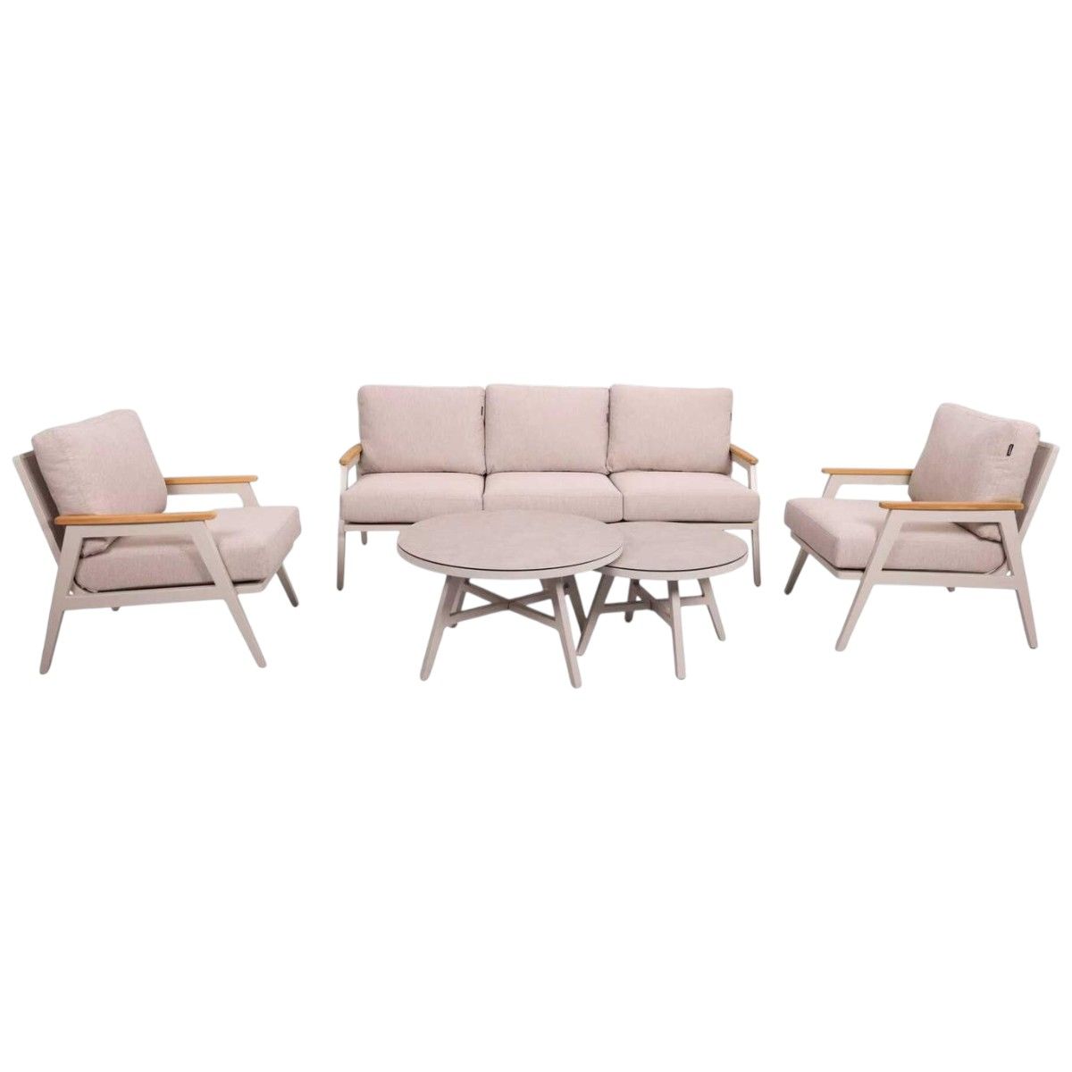 Arran sofagruppe 3+1+1 med 2 bord – beige aluminium, teak og beige puter